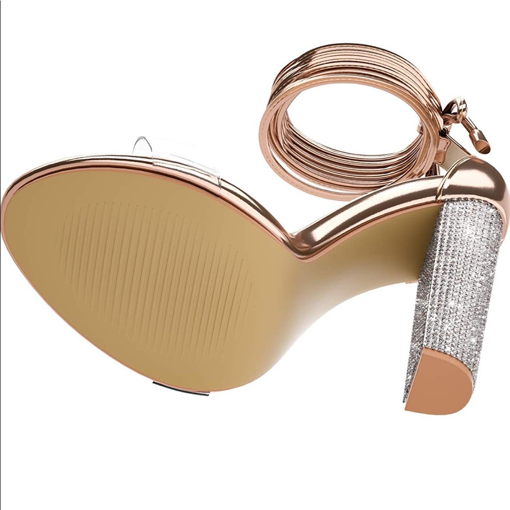 ✨ Rose Gold Rhinestone Lace up Strap Block Heel - Picture 2 of 7